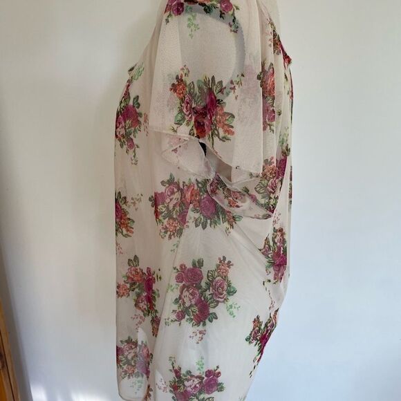 Agenda boho floral sheer lined, relaxed fit tie front lined top, size L - Picture 3 of 5